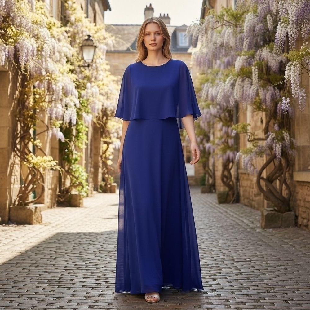 Tahari‎ Maxi Dress Womens 6 Royal Blue Chiffon Capelet Formal Evening Gown